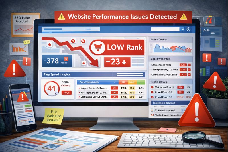 Website ranking failure showing low traffic, poor SEO performance, and declining Google rankings